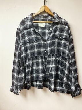 LUCKY BRAND Gray Black Western Pearl Snap Buttons Plaid Peplum Top Sz XL